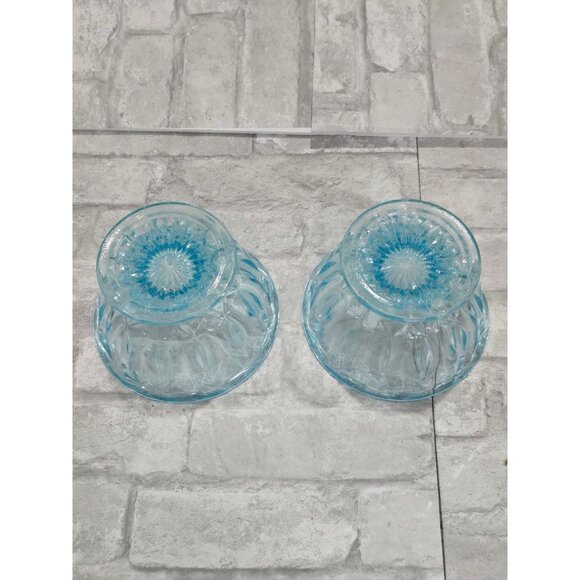 Vintage Lot of 2 Matching Aqua/Turquoise Blue Glass Thumbprint Pedestal Bowl Thu - Picture 3 of 10